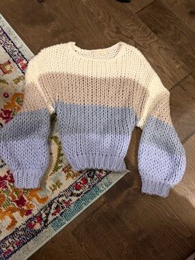 By Together Striped Chunky Knit Pullover in Cream, Beige & Light Blue